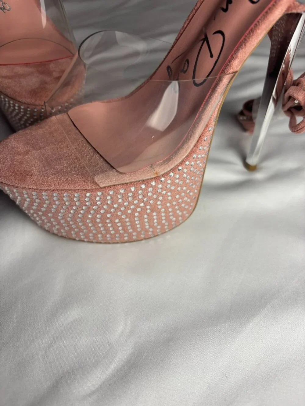 London Rag Pink Rhinestone Platform Clear Strap Stiletto Heels | Size US 7 NWT